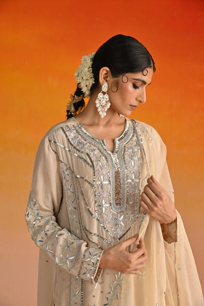 Beige Crepe Hand Embroidered Kurta Set