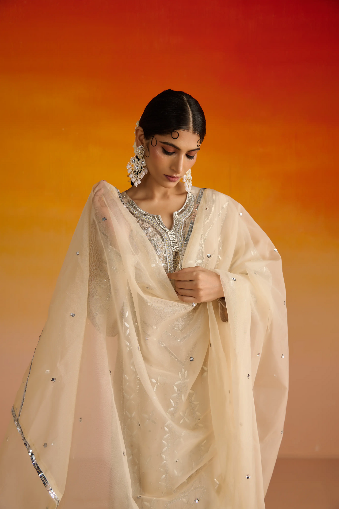 Beige Crepe Hand Embroidered Kurta Set