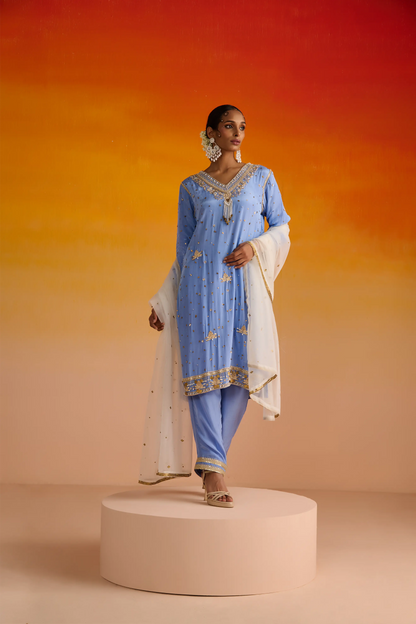 Blue Crepe Hand Embroidered Kurta Set