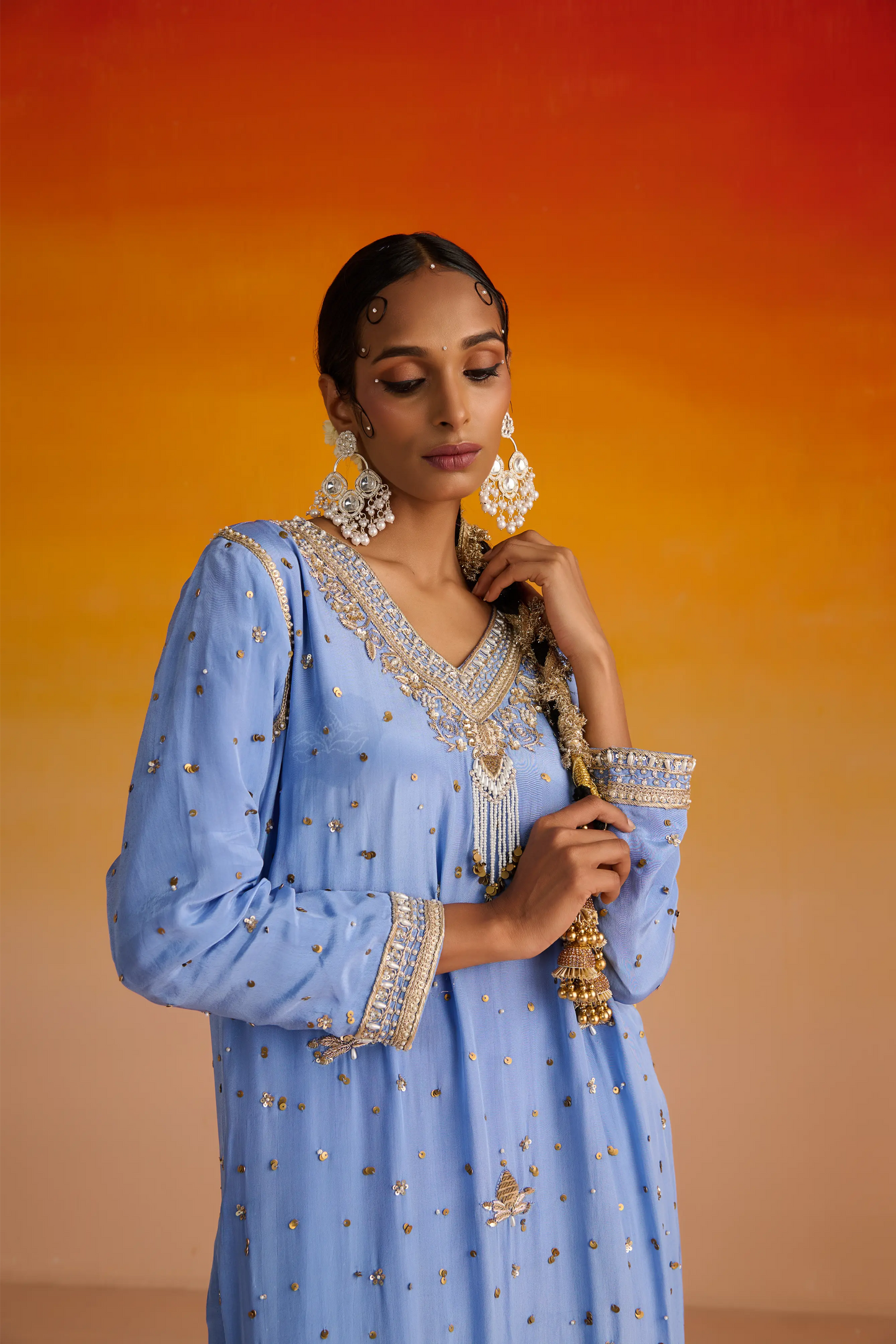 Blue Crepe Hand Embroidered Kurta Set