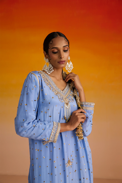 Blue Crepe Hand Embroidered Kurta Set