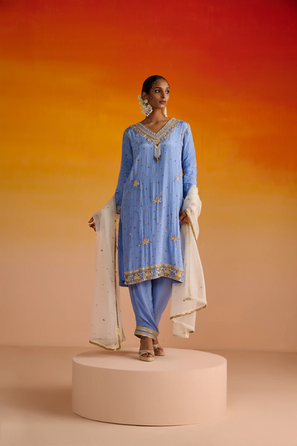 Blue Crepe Hand Embroidered Kurta Set