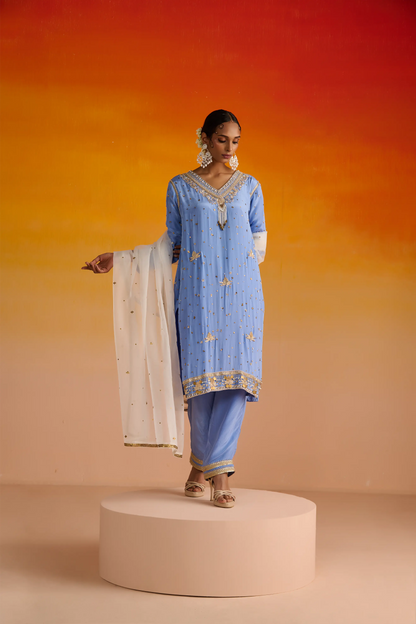 Blue Crepe Hand Embroidered Kurta Set