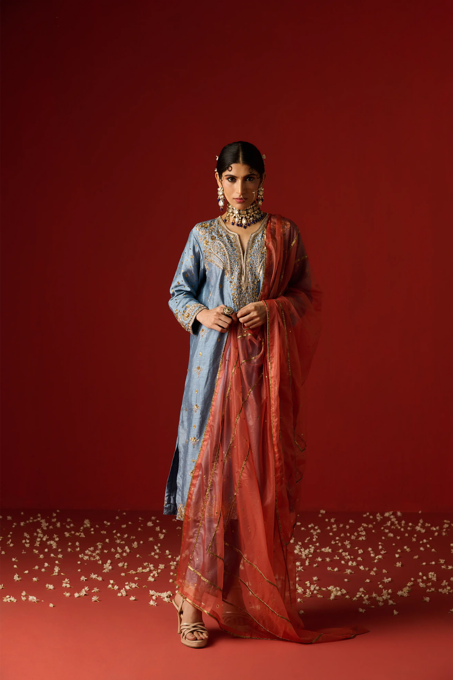 Blue Raw Silk Hand Embroidered Kurta Set