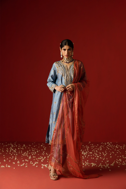 Blue Raw Silk Hand Embroidered Kurta Set