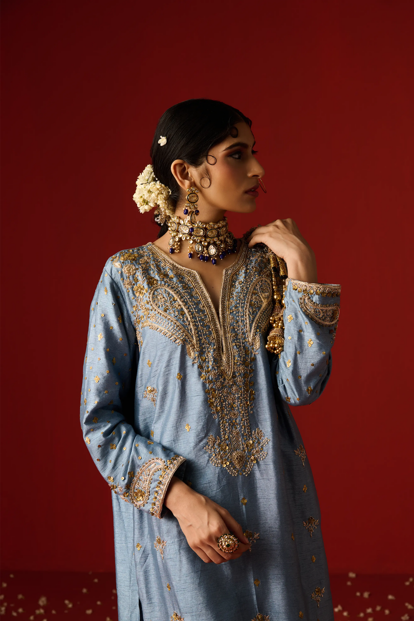 Blue Raw Silk Hand Embroidered Kurta Set