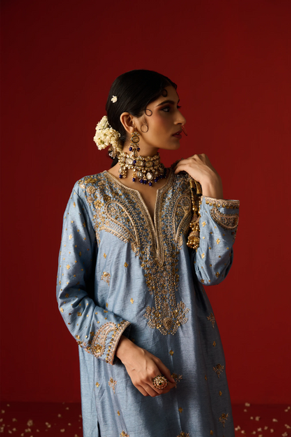 Blue Raw Silk Hand Embroidered Kurta Set