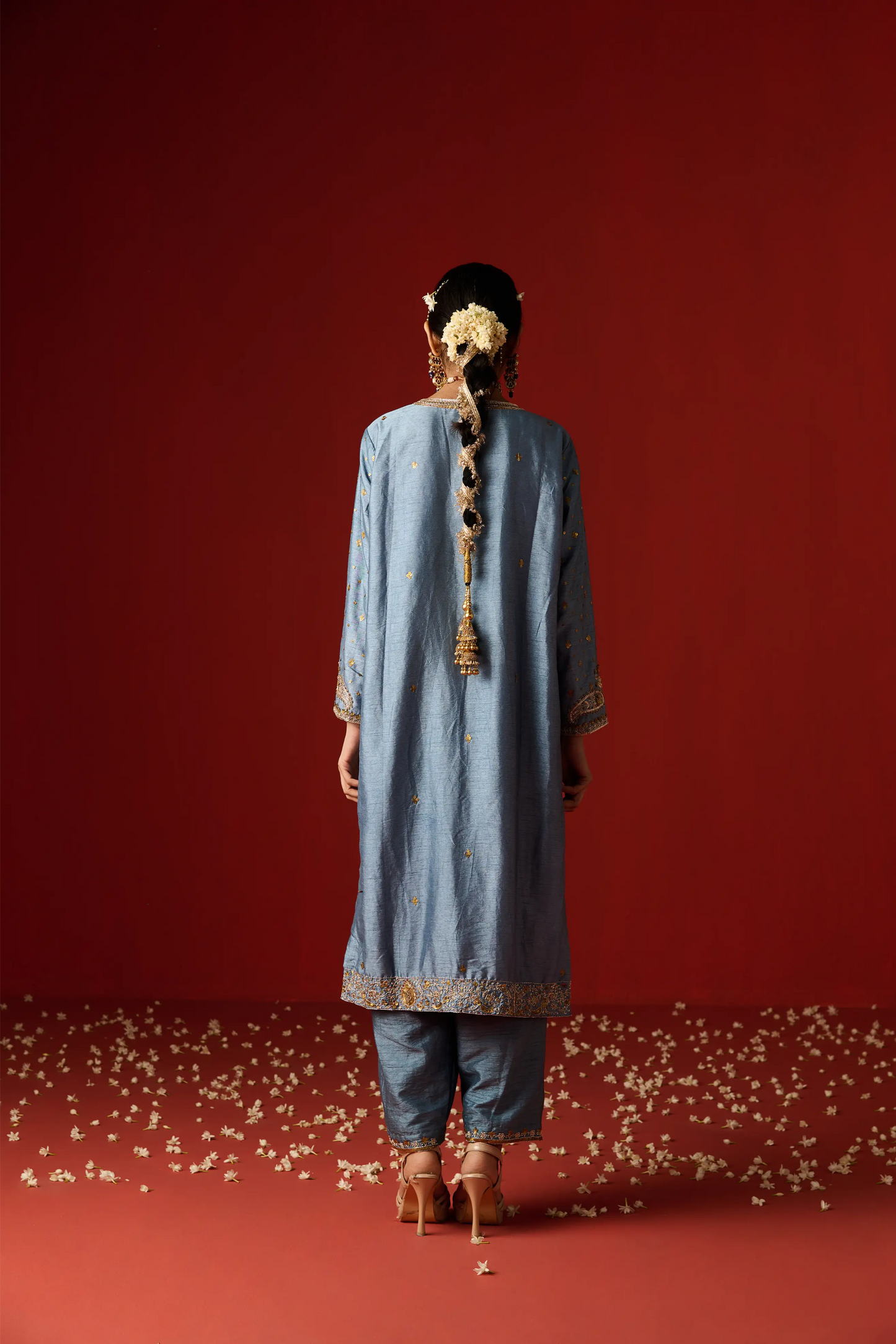 Blue Raw Silk Hand Embroidered Kurta Set
