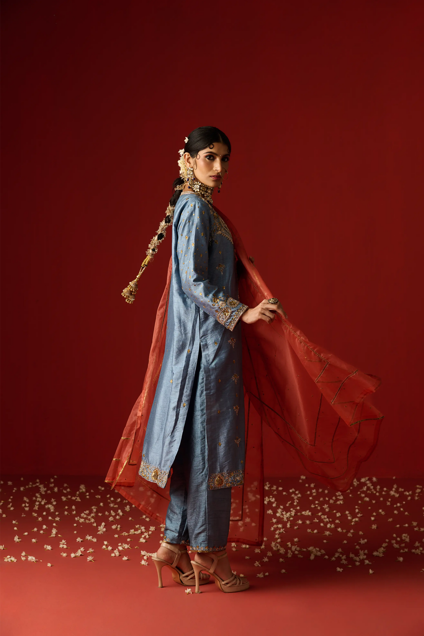 Blue Raw Silk Hand Embroidered Kurta Set