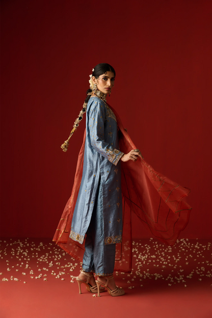 Blue Raw Silk Hand Embroidered Kurta Set