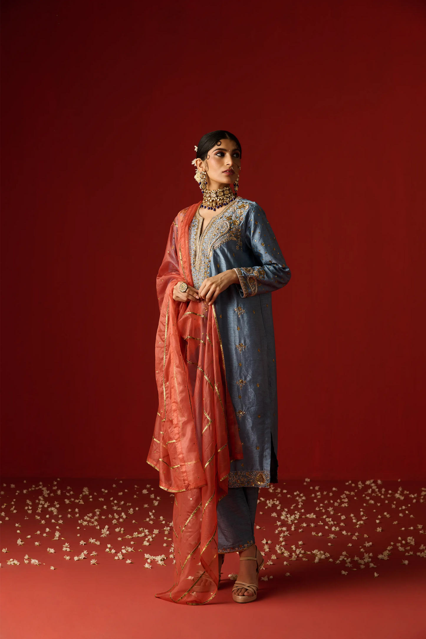 Blue Raw Silk Hand Embroidered Kurta Set