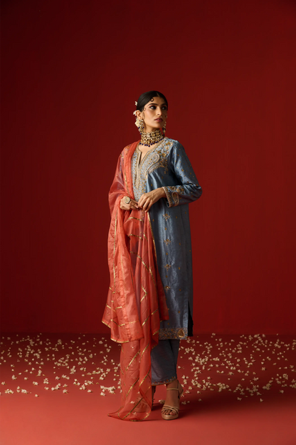 Blue Raw Silk Hand Embroidered Kurta Set
