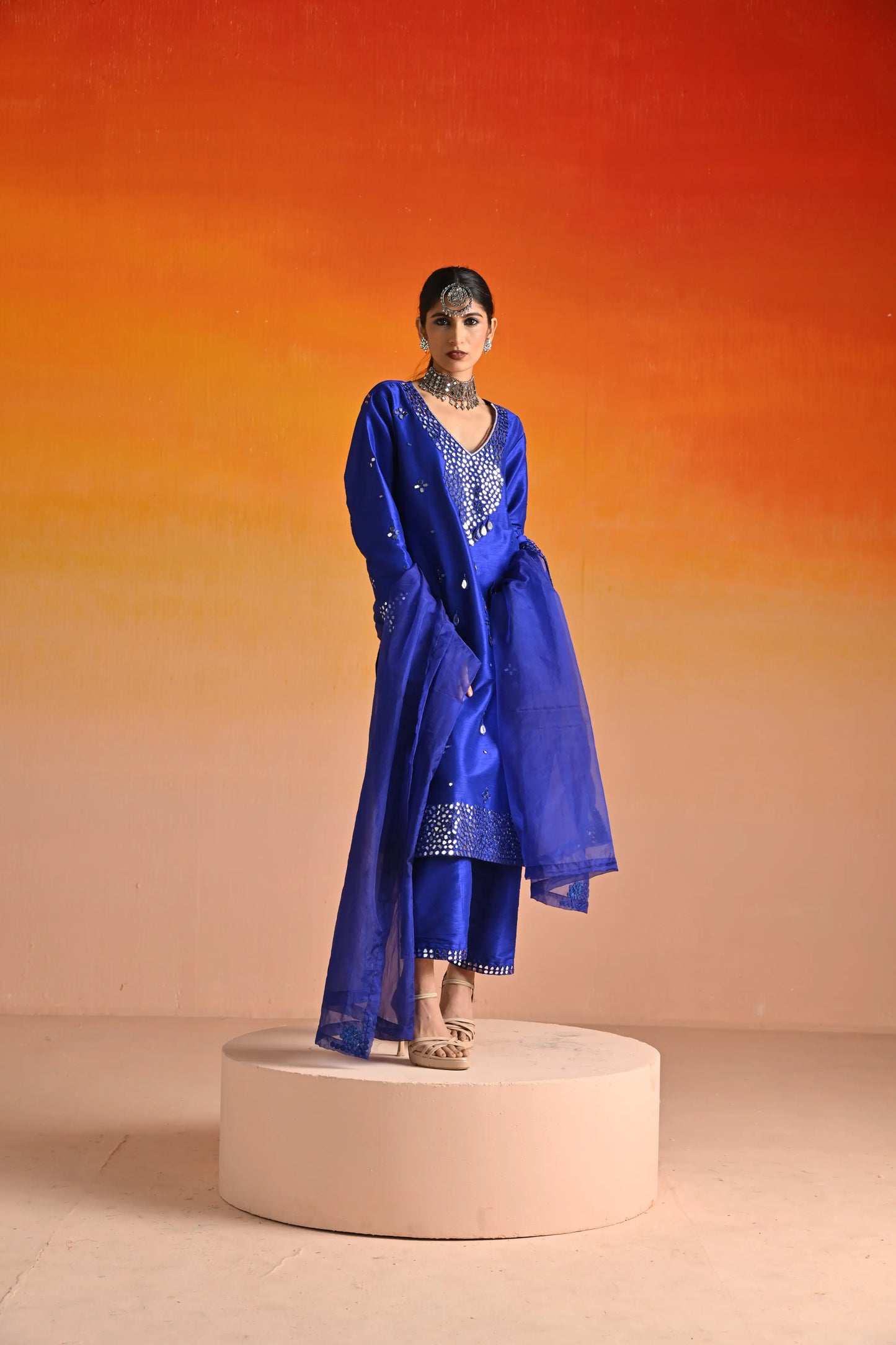 Electric Blue Raw Silk Mirror Hand Embroidered Kurta Set