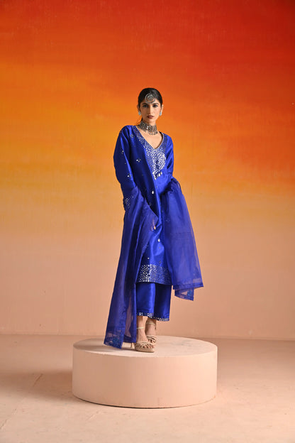 Electric Blue Raw Silk Mirror Hand Embroidered Kurta Set