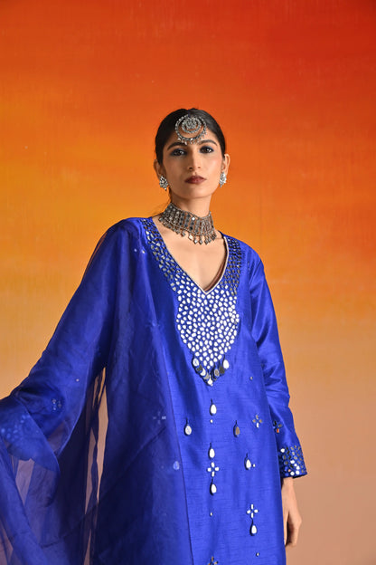 Electric Blue Raw Silk Mirror Hand Embroidered Kurta Set