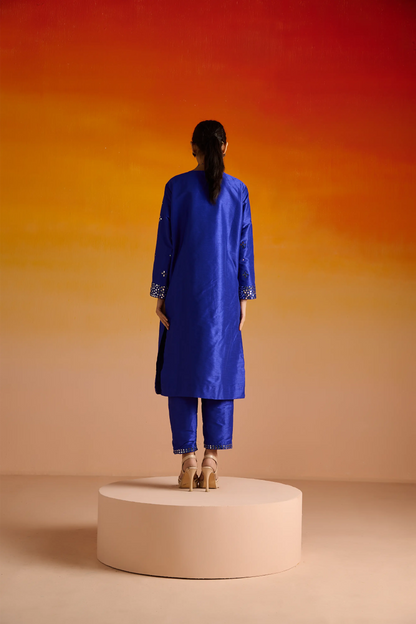 Electric Blue Raw Silk Mirror Hand Embroidered Kurta Set