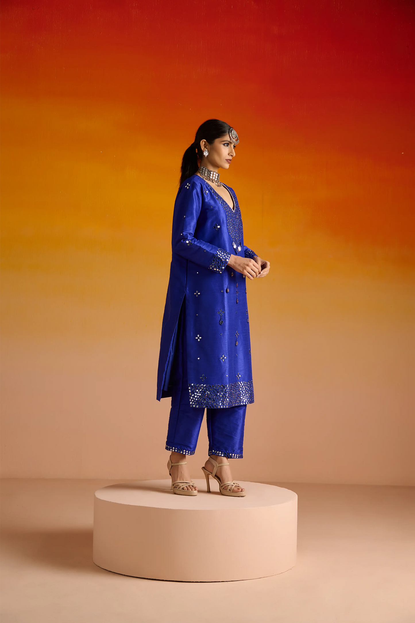 Electric Blue Raw Silk Mirror Hand Embroidered Kurta Set