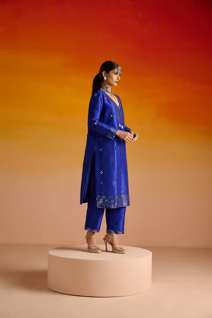 Electric Blue Raw Silk Mirror Hand Embroidered Kurta Set