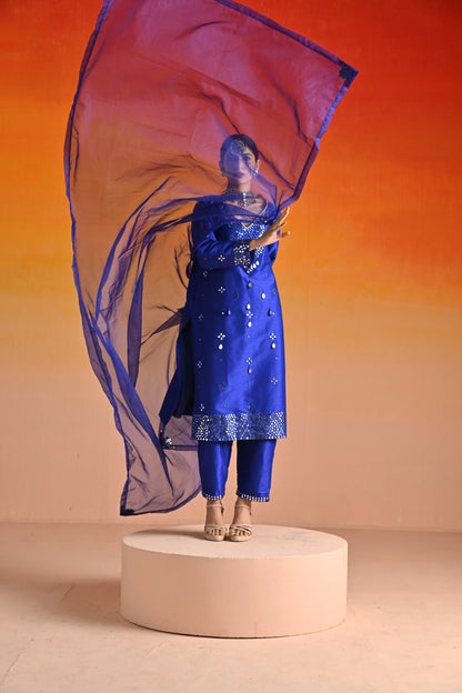Electric Blue Raw Silk Mirror Hand Embroidered Kurta Set