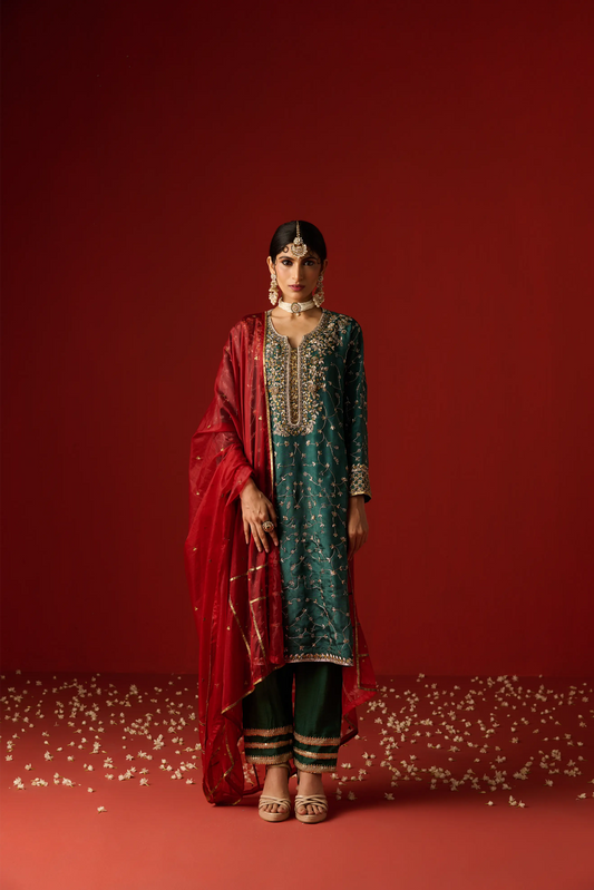 Emerald Green Opara Silk Hand Embroidered Kurta Set