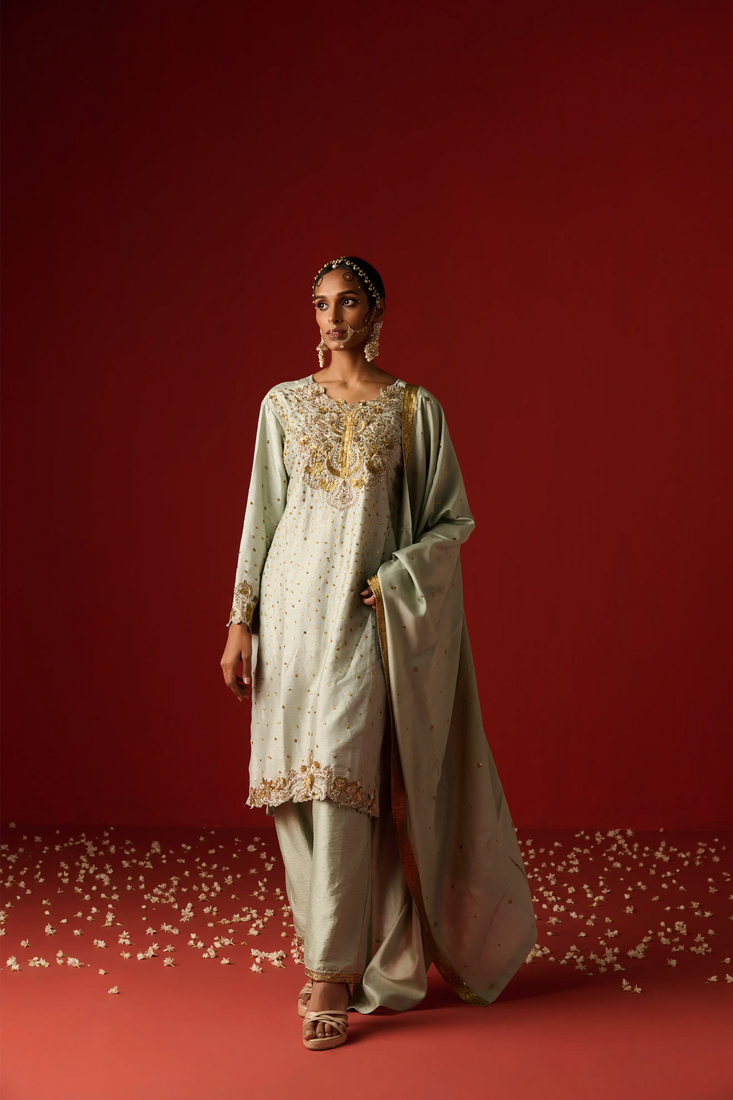 Glacial Sea Green Raw Silk Hand Embroidered Kurta Set