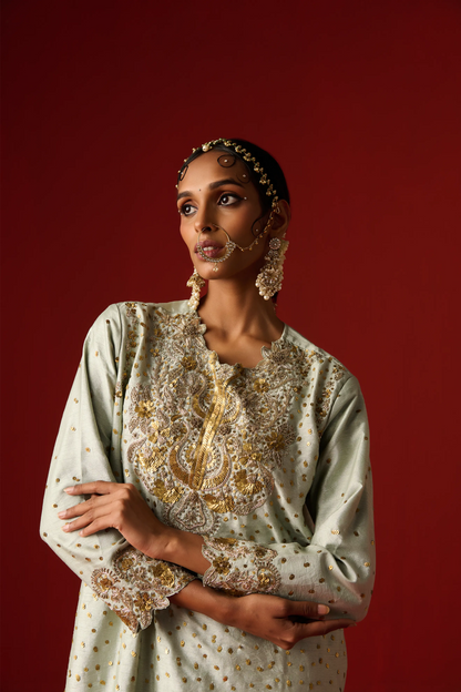 Glacial Sea Green Raw Silk Hand Embroidered Kurta Set
