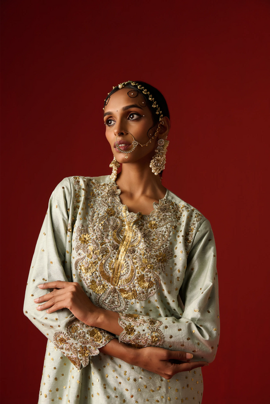 Glacial Sea Green Raw Silk Hand Embroidered Kurta Set