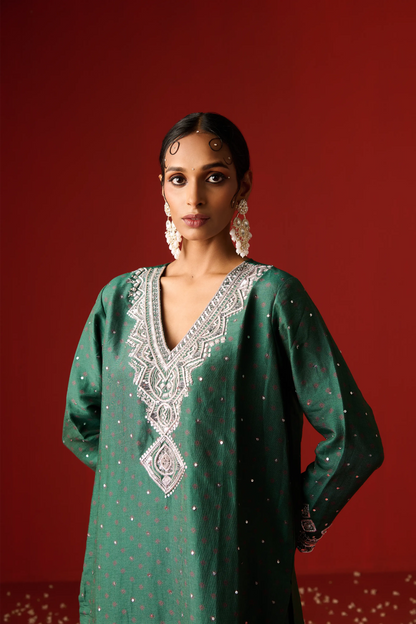 Green Chanderi Silk Hand Embroidered & Printed Kurta Set