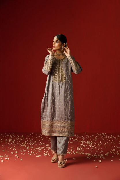 Grey Cotton Silk Hand Embroidered Kurta Set
