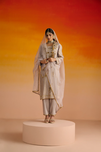 Grey Raw Silk Hand Embroidered Kurta Set