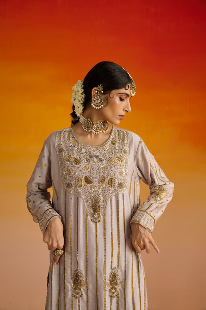 Grey Raw Silk Hand Embroidered Kurta Set