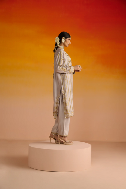 Grey Raw Silk Hand Embroidered Kurta Set