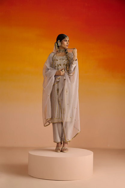 Grey Raw Silk Hand Embroidered Kurta Set