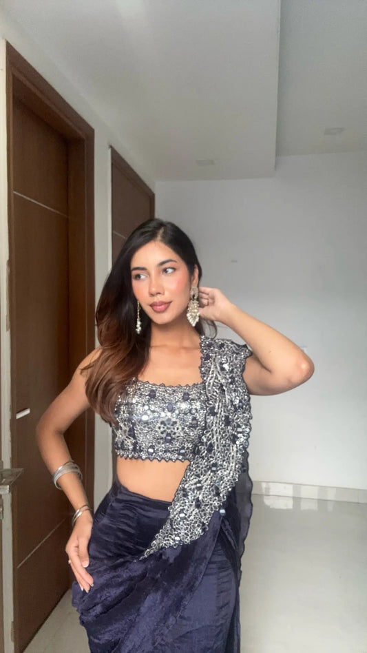 Navy Blue Mirror Work Saree