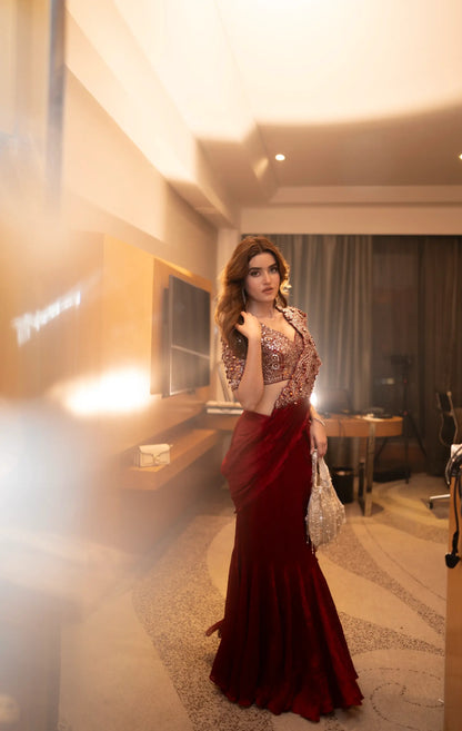 Burnt Red Mirror Work Pre Drape Saree