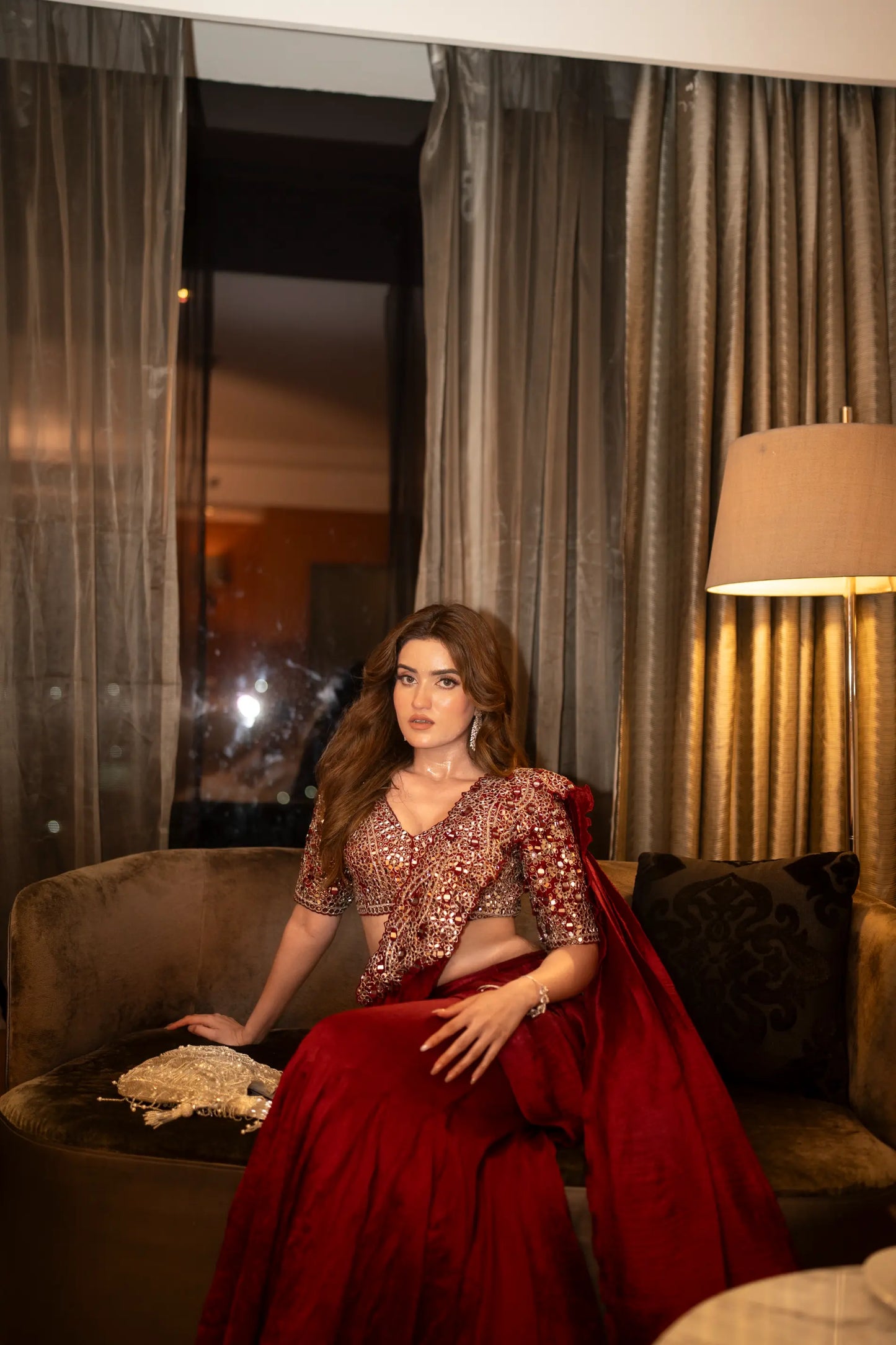 Burnt Red Mirror Work Pre Drape Saree