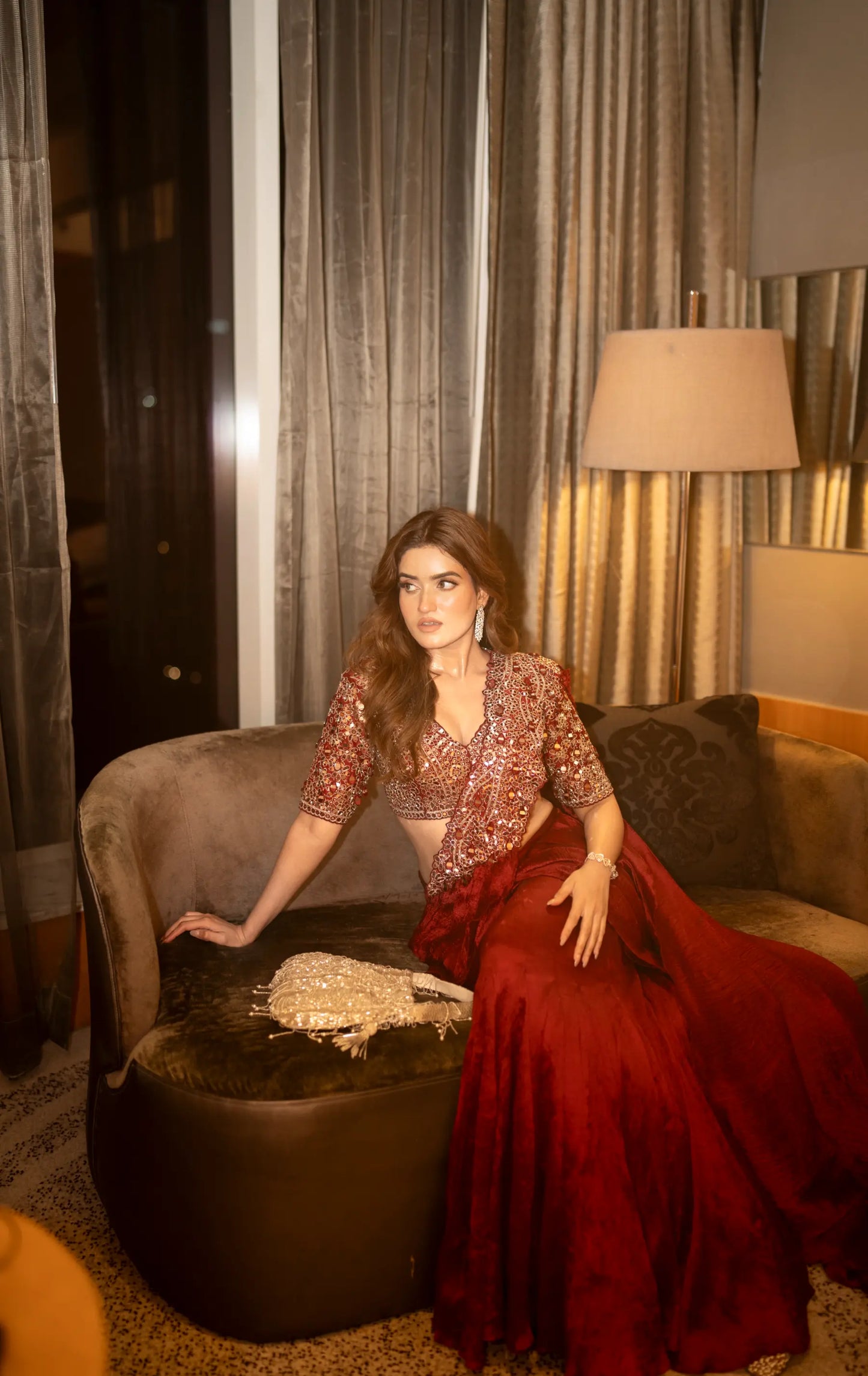 Burnt Red Mirror Work Pre Drape Saree