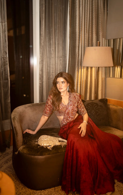 Burnt Red Mirror Work Pre Drape Saree