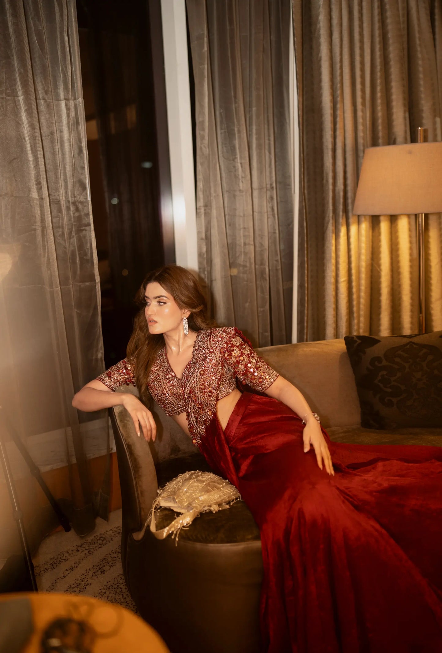 Burnt Red Mirror Work Pre Drape Saree