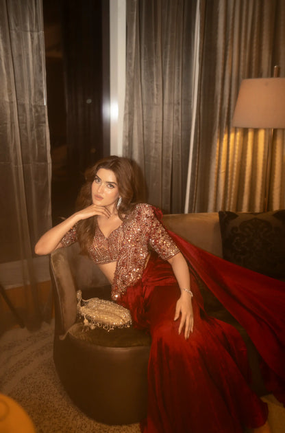 Burnt Red Mirror Work Pre Drape Saree