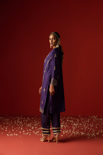 Indigo Blue Chanderi Silk Hand Embroidered & Printed Kurta Set