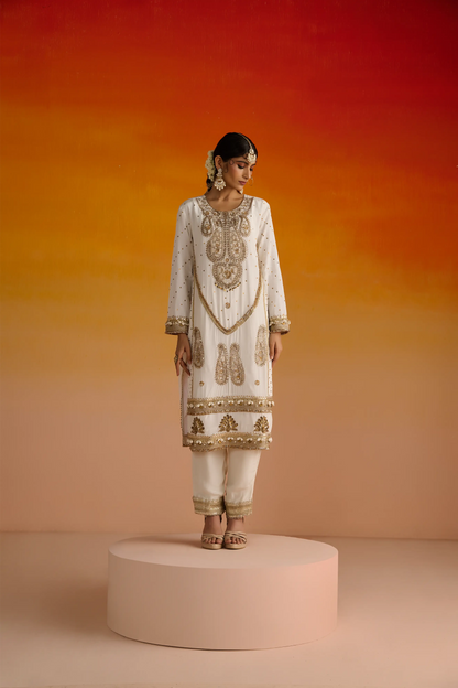 Ivory Crepe Hand Embroidered Kurta Set