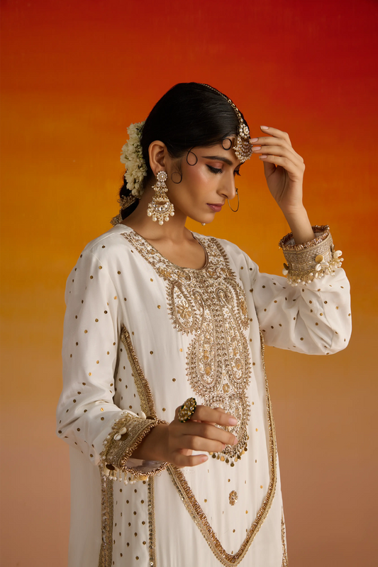 Ivory Crepe Hand Embroidered Kurta Set