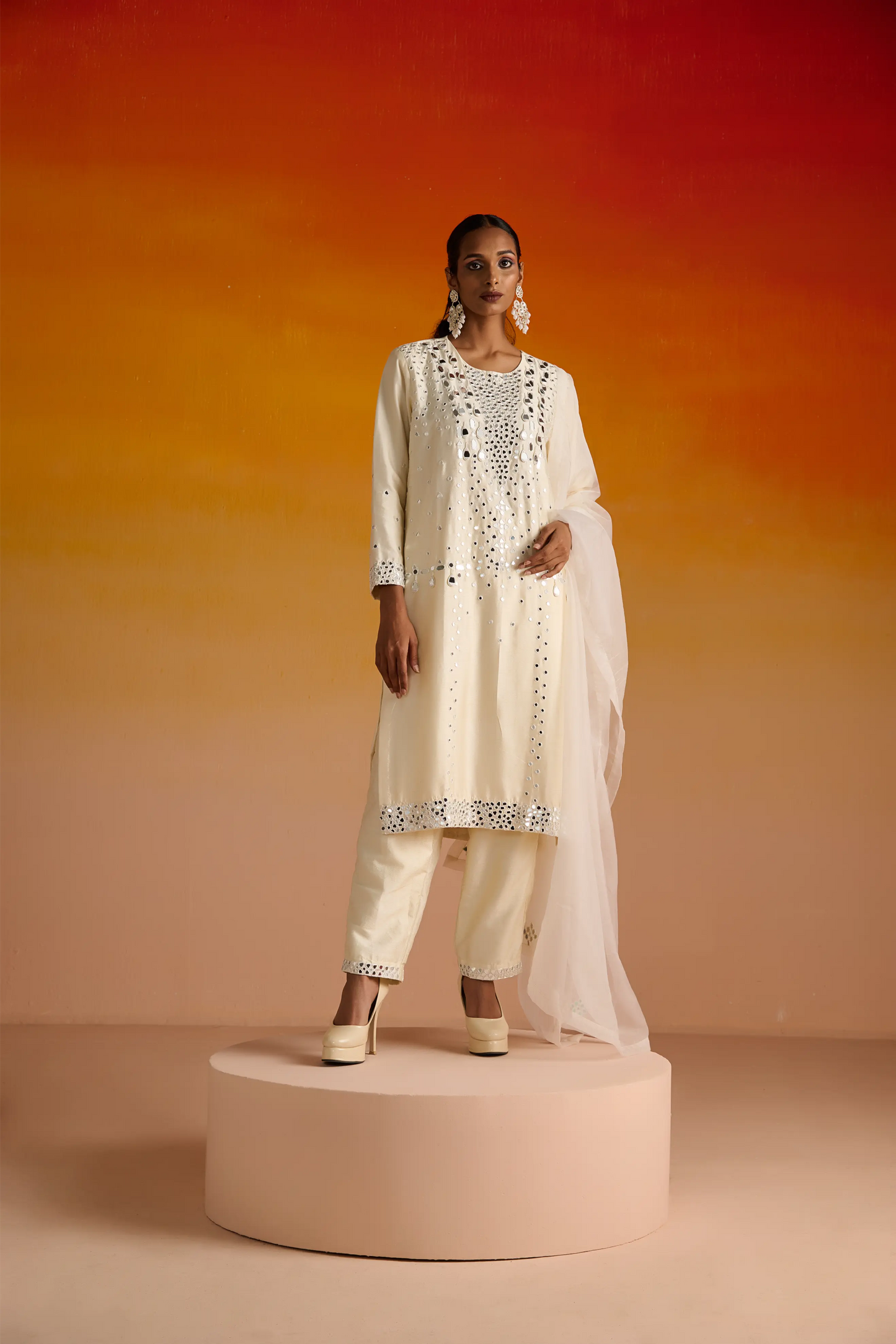 Ivory Raw Silk Mirror Hand Embroidered Kurta Set