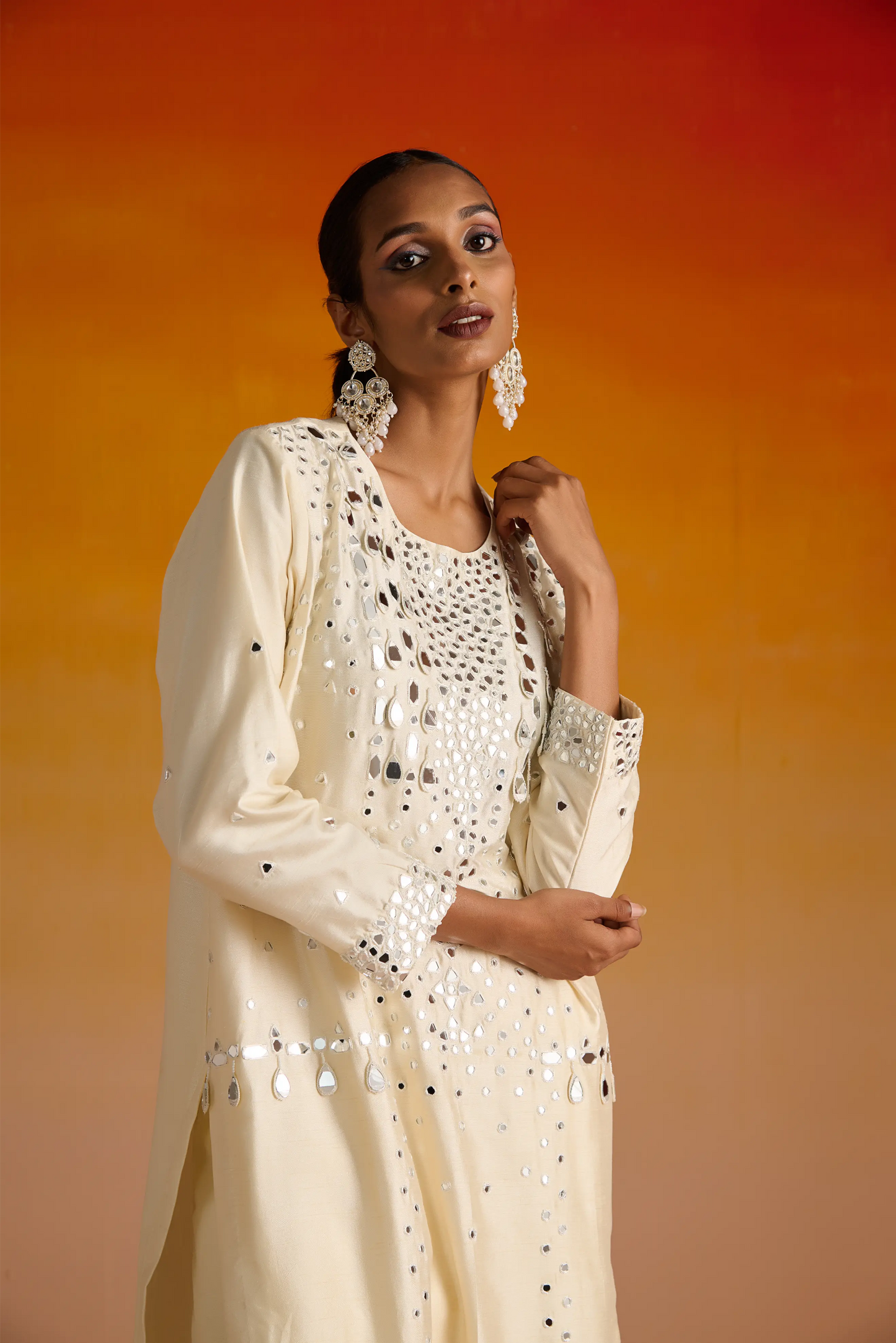 Ivory Raw Silk Mirror Hand Embroidered Kurta Set