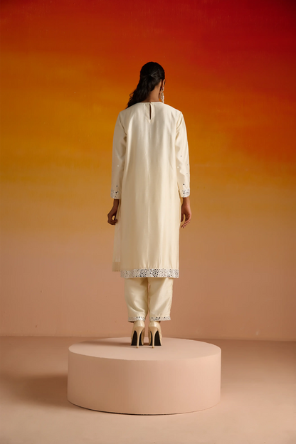 Ivory Raw Silk Mirror Hand Embroidered Kurta Set