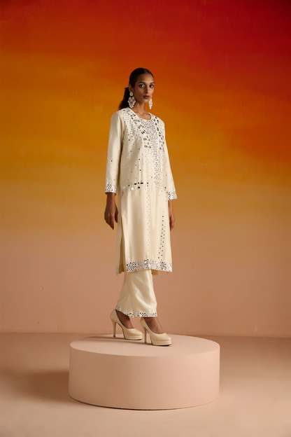 Ivory Raw Silk Mirror Hand Embroidered Kurta Set