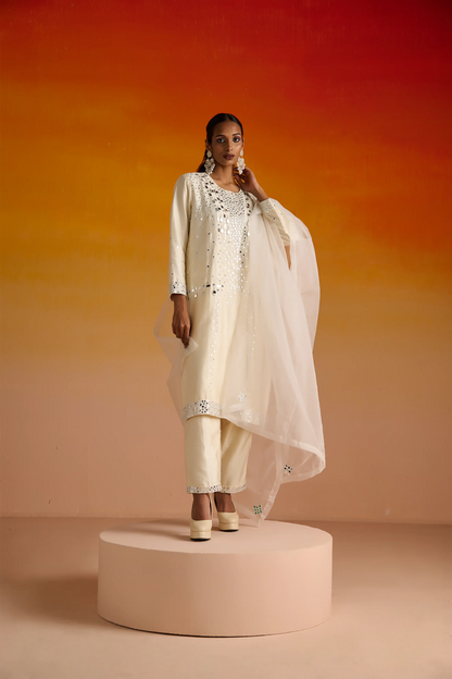 Ivory Raw Silk Mirror Hand Embroidered Kurta Set