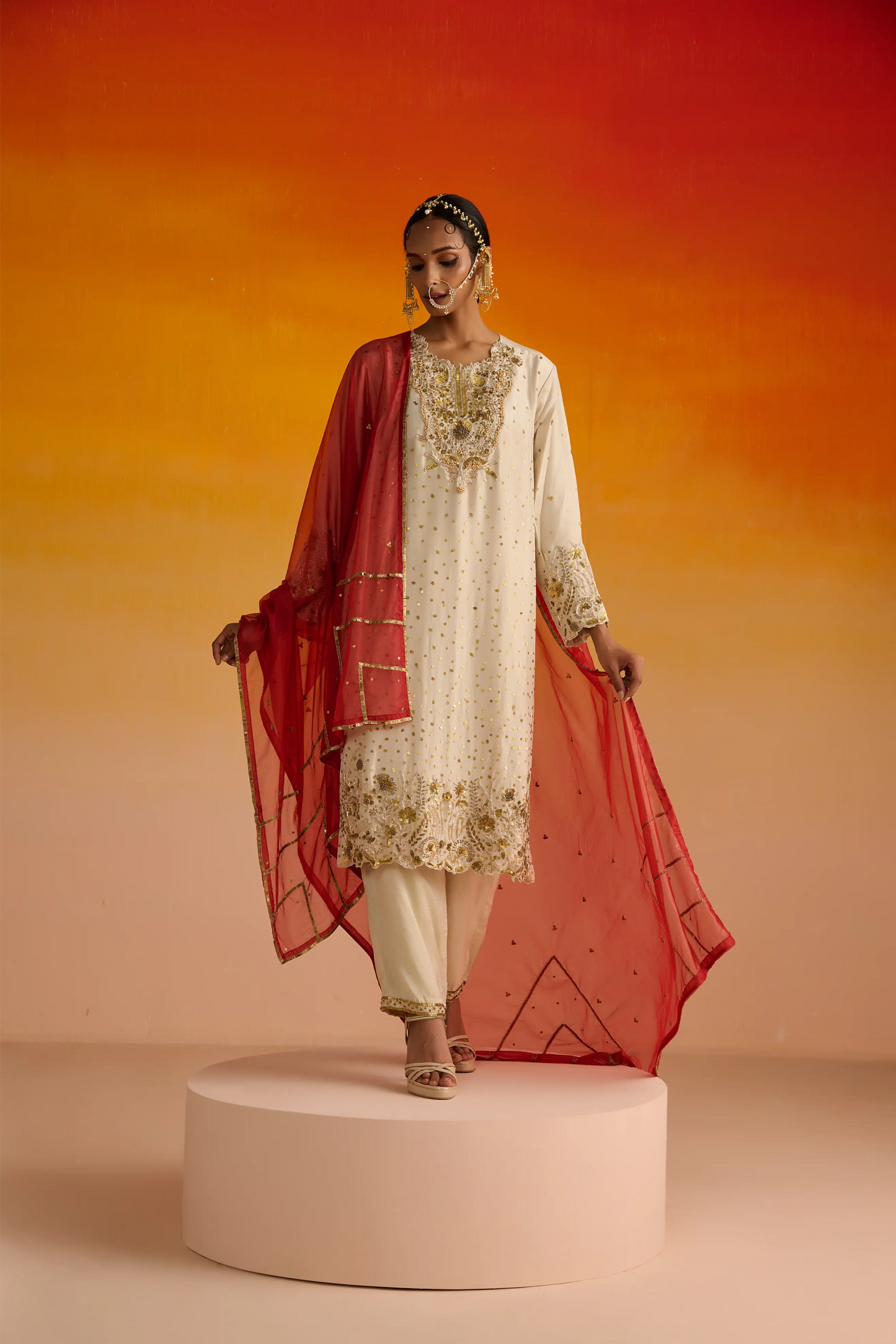 Light Yellow Opara Silk Hand Embroidered Kurta Set