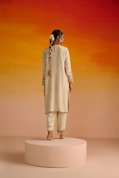 Light Yellow Opara Silk Hand Embroidered Kurta Set